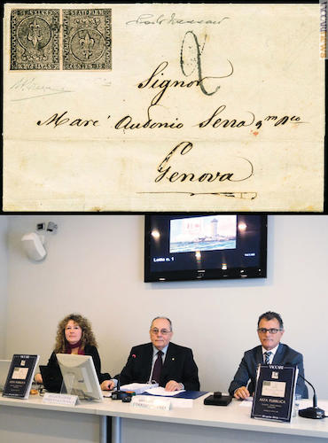 Da Parma a Genova affrancata con il tête-bêche del 15 centesimi ottocentesco (137, 33.000). Sotto, Valeria e Paolo Vaccari, Luca Lopez