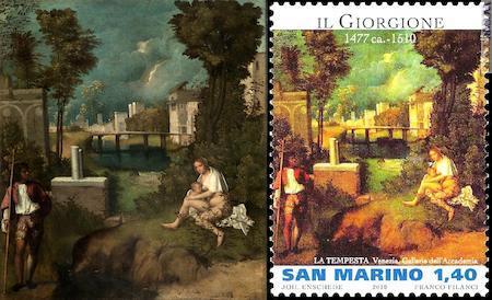 Tra i dipinti presenti, “La tempesta” di Giorgione (Venezia, Galleria dell’accademia, concessione Mibact), richiamato in un francobollo emesso da San Marino il 26 luglio 2010