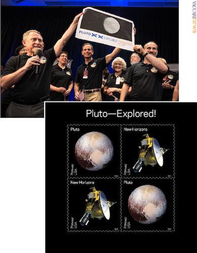 La foto con gli operatori della Nasa e l’ingrandimento del francobollo da aggiornare (© Nasa). Sotto, il nuovo foglio con i due dentelli, ripetuti due volte, riguardanti Plutone (© Usps)