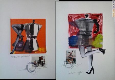 Due delle sue ultime opere, intitolate “Italian coffee monotipo collage”