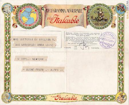 Uno dei vistosi telegrammi giunti dall’estero, selezionati da Enrico Bertazzoli e Luigi Ruggero Cataldi