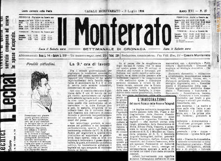 L’articolo è in prima pagina del “Monferrato”; data 3 luglio 1926 (archivio Riccardo Braschi)