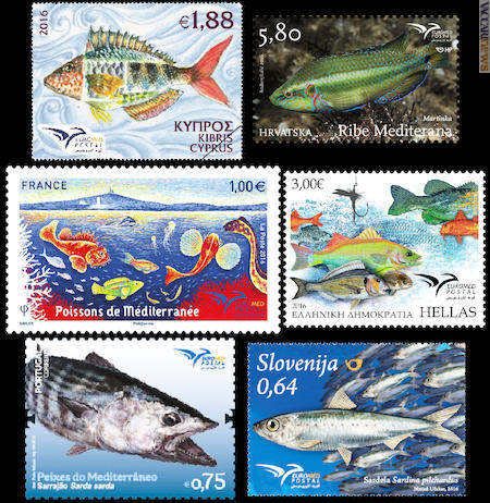 Alcuni dei francobolli emessi in questi giorni per il terzo giro di Euromed postal