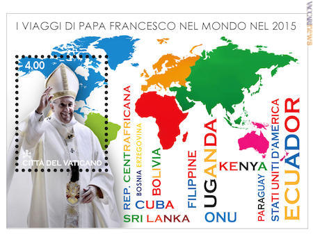 Il papa, la carta del pianeta, la lista dei Paesi raggiunti lungo il 2015. Da notare che i colori dei loro nomi evocano le rispettive bandiere