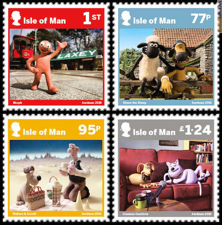 Quattro degli otto francobolli dedicati ai personaggi della Aardman
