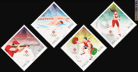 Francobolli di forma romboidale per attirare l’attenzione sulle Olimpiadi; provengono da Malta