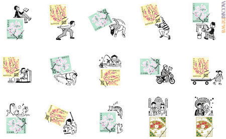 Una selezione dei timbri, pensati soprattutto per i francobolli nipponici