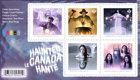 I cinque francobolli in foglietto; disponibili anche in carnet e come cartoline postali