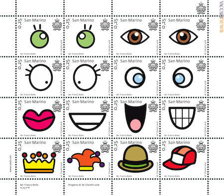 Il foglio da sedici francobolli con occhi, bocche e cappelli stile fumetti