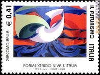Tra le citazioni, quella del dipinto di Giacomo Balla “Forma grido viva l’Italia”, presente in un francobollo del 26 novembre 2003