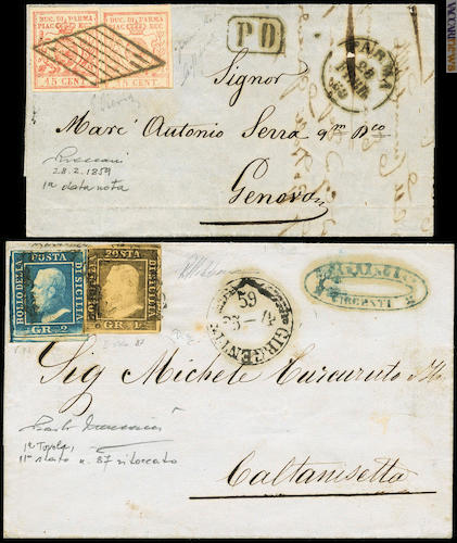 Ancora sul supporto originale: i plichi tra Parma e Genova del 28 febbraio 1859 (246, 3.600) e tra Girgenti e Caltanissetta del 25 aprile successivo (429, 15.000)
