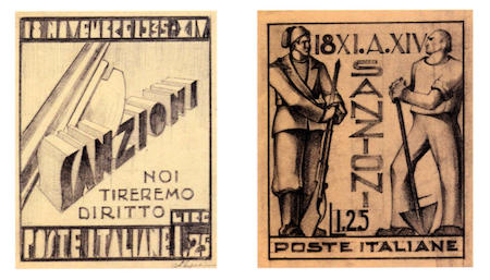Al Museo storico della comunicazione di Roma sono conservati due bozzetti per un’ipotizzata emissione propagandistica contro le sanzioni decretate dalla Società delle Nazioni dopo l’aggressione italiana all’Etiopia