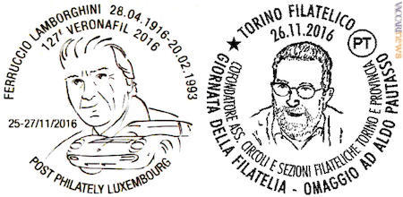 A Verona, le Poste lussemburghesi ricorderanno Ferruccio Lamborghini; a Torino, la comunità filatelica locale il collezionista Aldo Pautasso