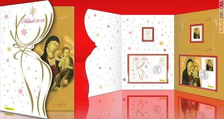 Il folder dedicato al Santo Natale con i due francobolli e le due cartoline affrancate e annullate