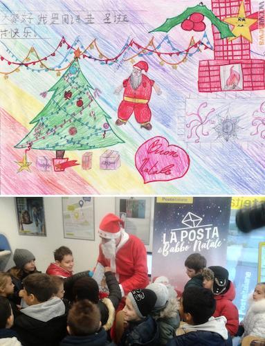Il disegno con il Babbo Natale associato alle scritte cinesi ed un momento dell’iniziativa
