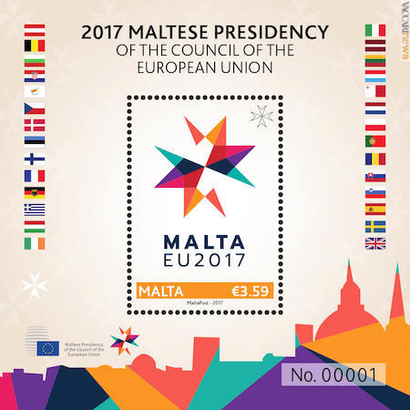 Il francobollo del foglietto pone al centro una rivisitazione della croce di Malta; è il logo del semestre