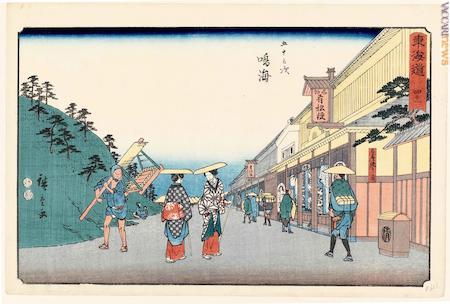 “Narumi. Negozi che vendono i celebri tessuti shibori”, da “Cinquantatré stazioni di posta del Tōkaidō”, 1848-1849, di Utagawa Hiroshige. Entrambe le xilografie sono dell’Honolulu museum of art