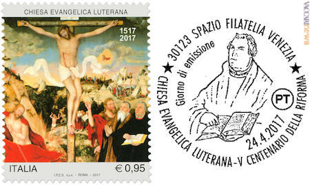 Il francobollo e l’annullo che verrà impiegato per le buste del primo giorno: non accoglie l’intera vignetta, ma solo il dettaglio con Martin Lutero