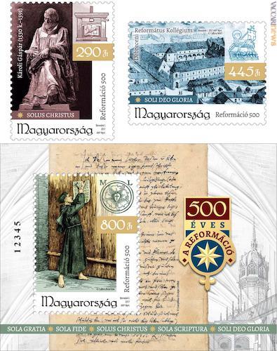Due francobolli ed un foglietto che rileggono la Riforma protestante con gli occhi magiari