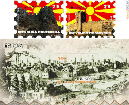 I castelli di Ohrid e di Kale (quest’ultimo anche nel foglietto): si fanno notare soprattutto per la gigantesca bandiera macedone presente sullo sfondo