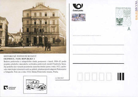 Una delle otto cartoline dedicate ad uffici postali storici; nel caso specifico, è quella per Olomouc