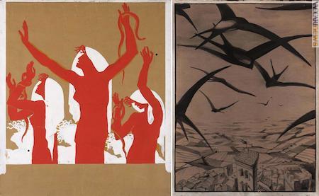 Tra le opere: la tempera su carta del 1936 “Le furie”, per il manifesto dell’“Edipo a Colono”; a fianco, l’inchiostro e tempera su carta “Le rondini. Terracina”