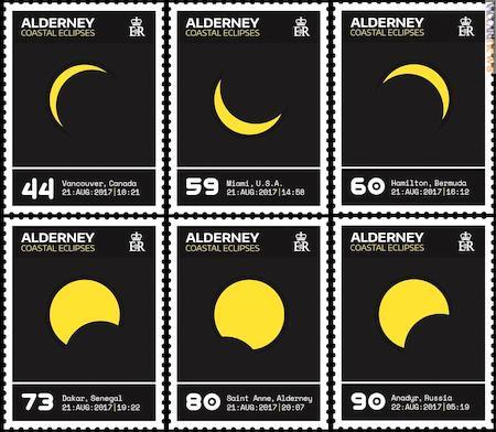 I sei francobolli per altrettanti luoghi in cui il fenomeno astronomico potrà essere esaminato. L’inchiostro termosensibile cela, in ciascun esemplare, una seconda immagine