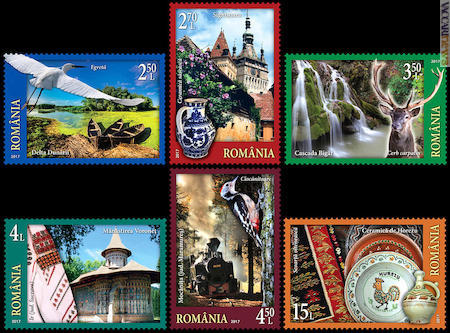 I sei francobolli che invitano a visitare la Romania