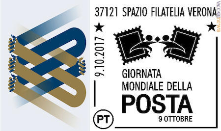 Il logo scelto dall’Unione postale universale ed uno degli annulli italiani di oggi