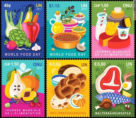 I sei francobolli mostrano altrettante tipologie alimentari