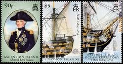 Tre dei francobolli di area britannica riguardanti Nelson e la battaglia in cui, due secoli esatti fa, perse la vita