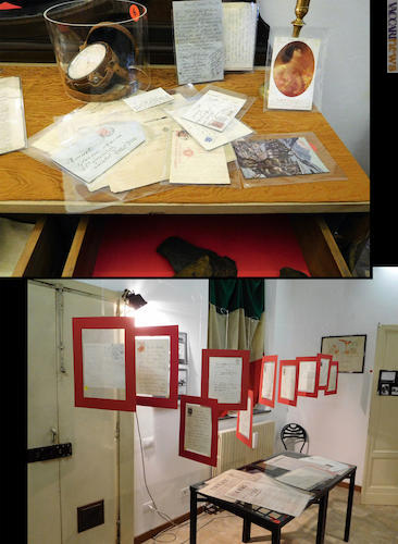 Due scorci della mostra: nella seconda foto, le lettere spedite da Gabriele D’Annunzio al protagonista, Giacometto Macchi