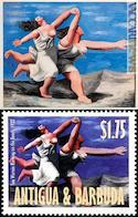 La guache su tavola “Due donne che corrono sulla spiaggia (La corsa)” del 1922 ed il francobollo da 1,75 dollari locali proposto da Antigua e Barbuda il 18 novembre 1998