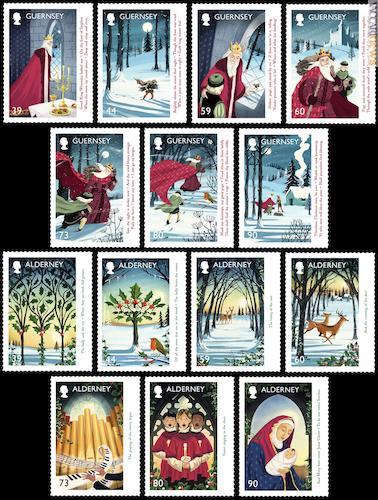 Canzoni natalizie in sette immagini, poi trasformate in altrettanti francobolli da Guernsey e Alderney