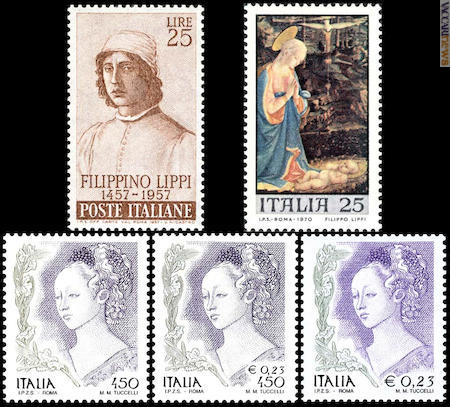 Tra i francobolli italiani riguardanti Filippino Lippi (il primo) ed il padre Filippo (gli altri)
