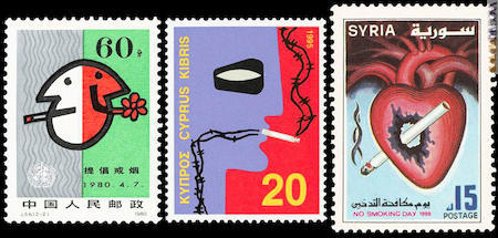 Da Cina Popolare, Cipro e Siria tre francobolli sulla lotta contro il fumo, proposti in mostra