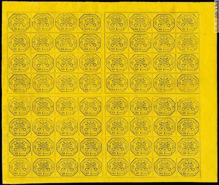 Tra i pezzi da… museo, il foglio completo del 40 centesimi giallo di Pontificio, emesso nel 1867
