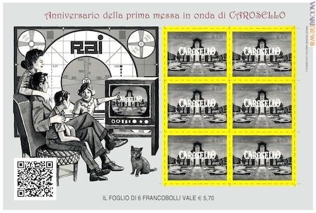 Il foglio dedicato a “Carosello” con il vecchio monoscopio Rai, una tipica famiglia anni Sessanta, i sei francobolli autoadesivi e il codice QR con il collegamento a Rai Teche