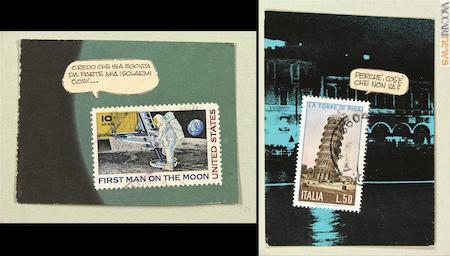 I due francobolli riadattati da Lamberto Pignotti, “Isolarmi così” e “Perché, cosa c’è che non va?” (collezione del Centro Pecci - Comune di Prato, donazione di Carlo Palli)