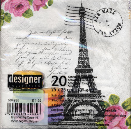 Tovagliolini di carta dedicati a Parigi ma con richiami postali. Anche per le feste (sul pacchetto, i dati tecnici)