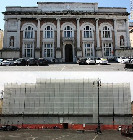 L’edificio prima del restauro ed ora, ricoperto per il cantiere. L’intervento ha dato l’occasione al Comune per proiettarvi animazioni dedicate alle feste