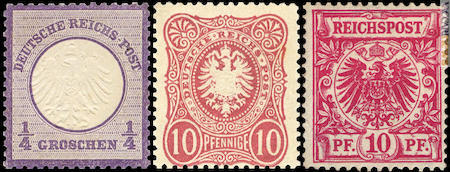 I primi francobolli della Germania unita propongono anche l’aquila “scheletrizzata”, come si legge nell’intervento di Bertramo Peiroli. Da notare, con le produzioni del 1889, la scomparsa del termine “Deutsche”