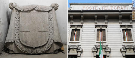 Il grande stemma sabaudo -tuttora conservato- un tempo presente sull’ufficio Belluno Castello; la scritta del Como Centro, asimmetrica per aver asportato il riferimento reale