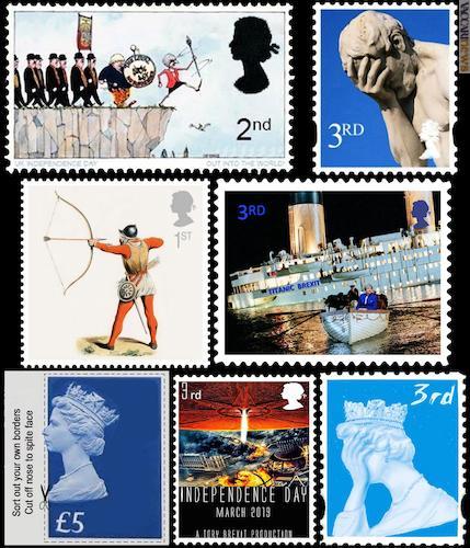 Alcuni dei “francobolli” realizzati dai contrari all’uscita dalla Ue postati su Twitter