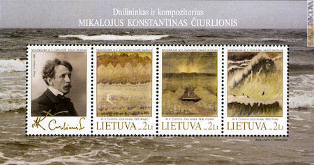 Uno dei foglietti, quello del 24 settembre 2005, che la Lituania ha dedicato a Mikalojus Konstantinas Čiurlionis. Il primo elemento a sinistra è una vignetta con il ritratto dell’artista