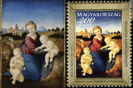 La “Madonna col Bambino e san Giovannino (Madonna Esterházy)”, circa 1508 (© Szépművészeti múzeum / Museum of fine arts Budapest). Al fianco, il francobollo magiaro del 23 giugno 2006