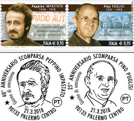 I due francobolli ed i rispettivi annulli per le buste del primo giorno

