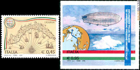Uno dei francobolli “Regioni d’Italia” e quello per il dirigibile: stessa fascia tricolore, ma sequenza invertita