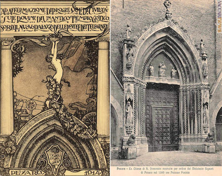 La cartolina di Giuseppe Porcini e il dettaglio del portale su via Branca (archivio Riccardo Braschi)