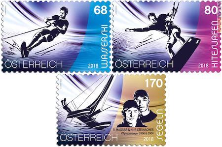 I tre francobolli; l’ultimo richiama le medaglie d’oro nazionali alle Olimpiadi di Sidney ed Atene, Roman Hagara e Hans-Peter Steinacher